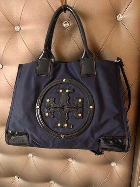 Tory Burch Ella in Classic Navy Blue Nylon & Patent Leather Trim Tote Logo